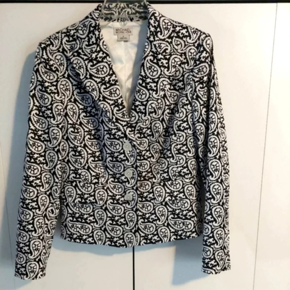 Michael Kors Paisley blazer Jacket black white Size Small Preppy Office